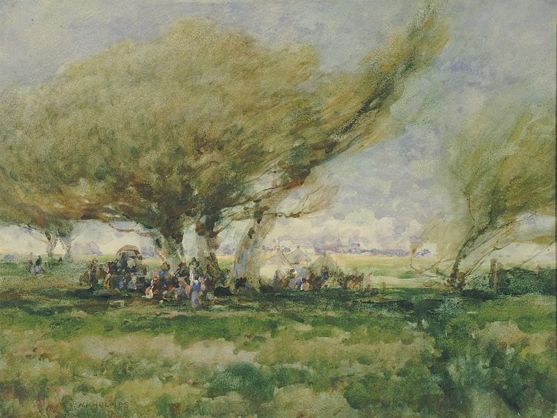 Escena de campamento gitano con figuras, pintura al óleo de William Henry Holmes