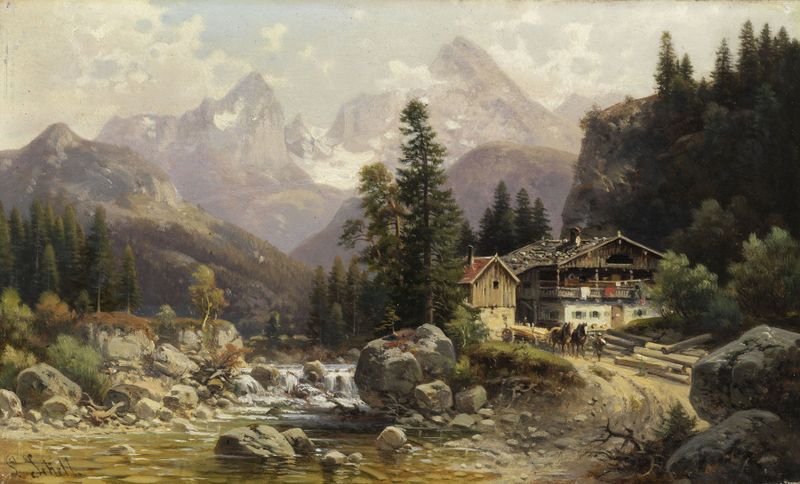 Alpenlandschaft mit Mühlengebäude by Ludwig Sckell, oil painting depicting a river and mountains