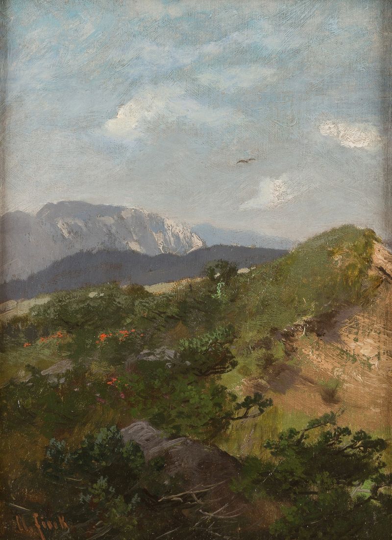 Paisagem de montanha de August Fink, pintura a óleo que retrata montanhas exuberantes e um céu azul.