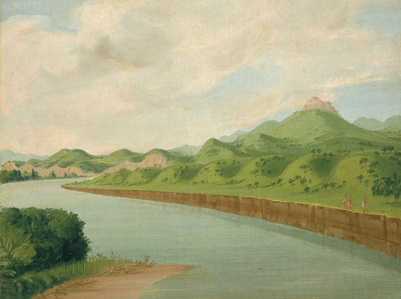 The Tower, 1100 Miles Above St. Louis de George Catlin, óleo sobre lienzo que representa una torre natural y nubes.