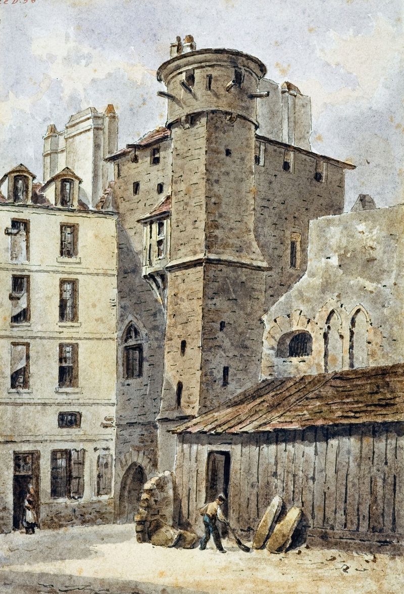 Tour Saint Jean de Latran de Auguste-Sébastien Bénard, óleo sobre lienzo, que muestra una torre bajo nubes turbulentas.