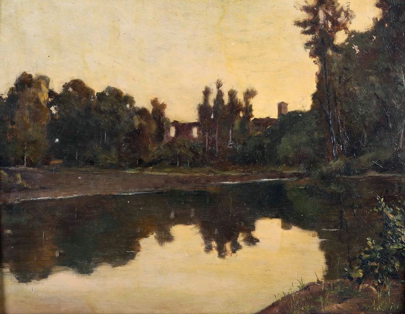 Landscape depicting autumn foliage and a river by Cesare Viazzi, oil painting