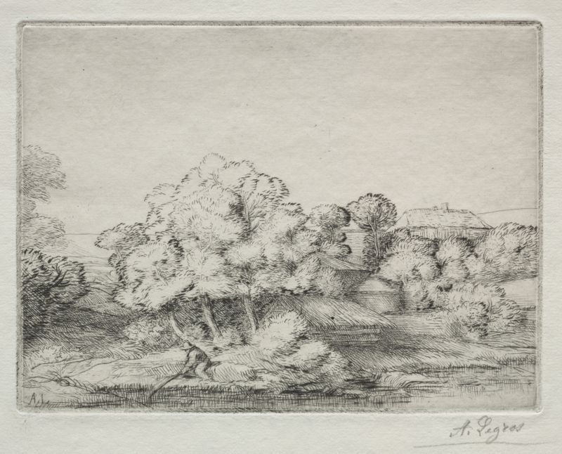Hamlet perto do Lago, pintura a óleo de Alphonse Legros mostrando Hamlet em contemplação ao lado de um lago sereno.