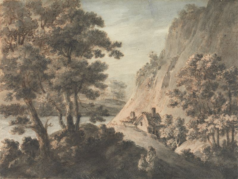 Paisaje con río y figuras de James Adam, pintura al óleo que representa un río sereno y figuras.