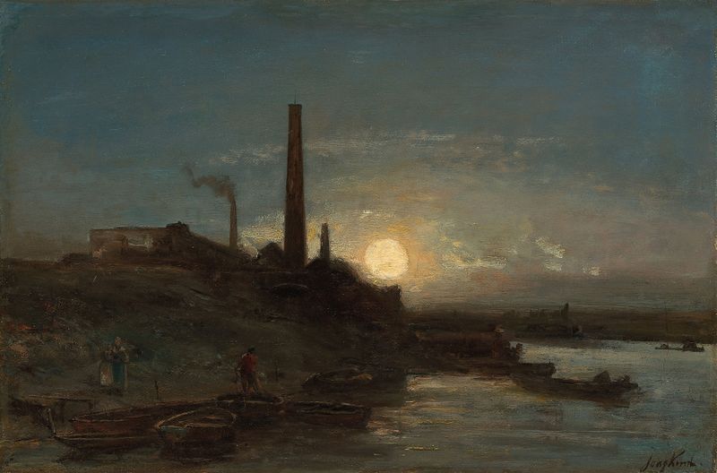 Effet de lune de Johan Barthold Jongkind, pintura al óleo que muestra un paisaje iluminado por la luna con agua brillante.