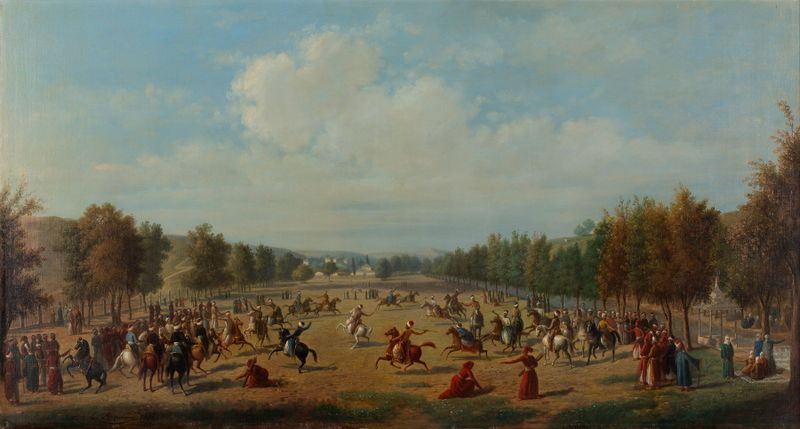 Pintura a óleo de Luigi Acquarone mostrando homens jogando jereed em Kağıthane.