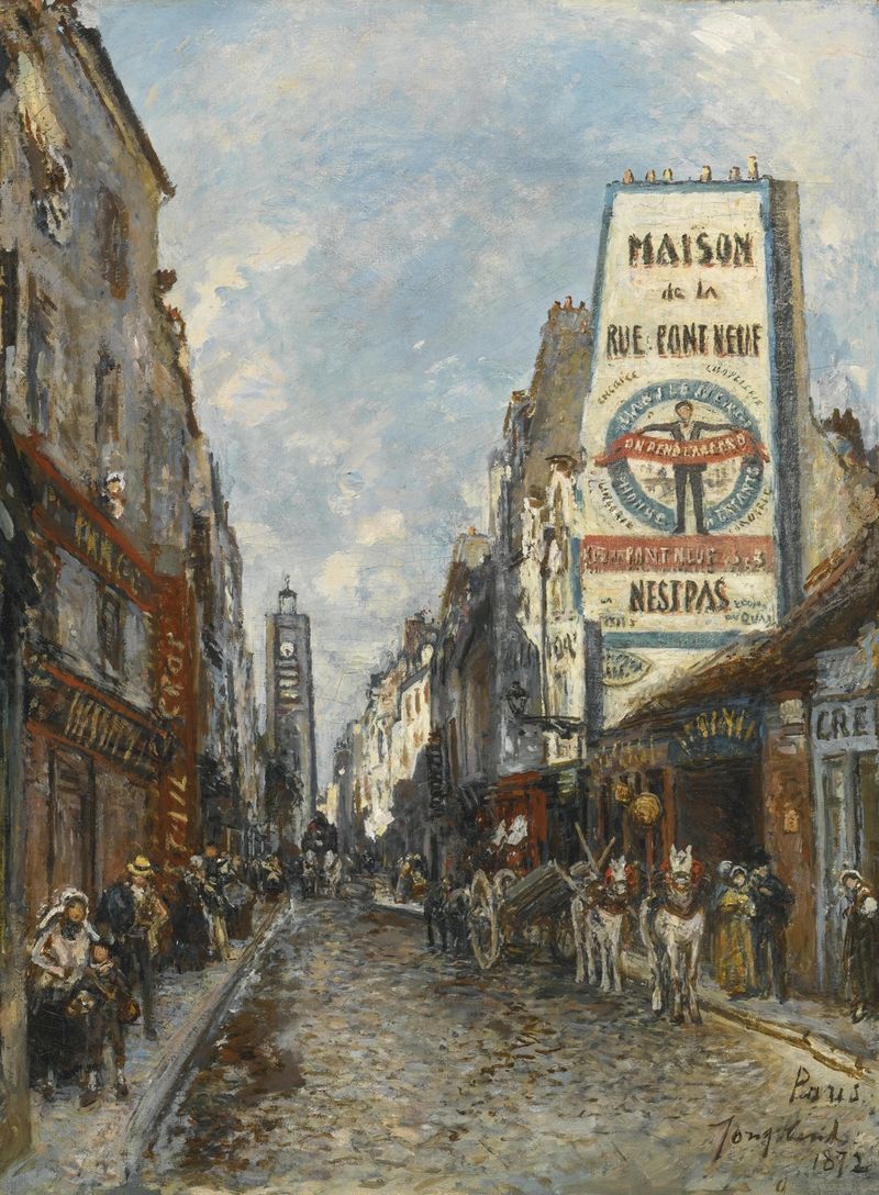 La Rue Saint-Jacques, París de Johan Barthold Jongkind, óleo que muestra figuras en una calle adoquinada.