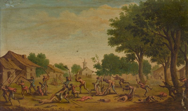 Engraving by Jacques Callot showing a chaotic village fight with combatants and spectators.