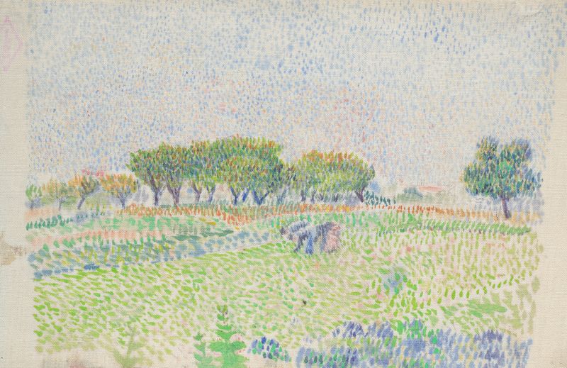 Genre scene of a farmer working the earth, oil painting by Louis Hayet