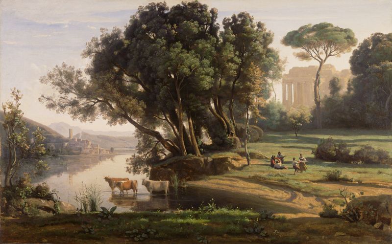 Paisagem Italiana de Jean-Baptiste-Camille Corot, pintura a óleo que retrata o amanhecer sobre colinas e um rio.