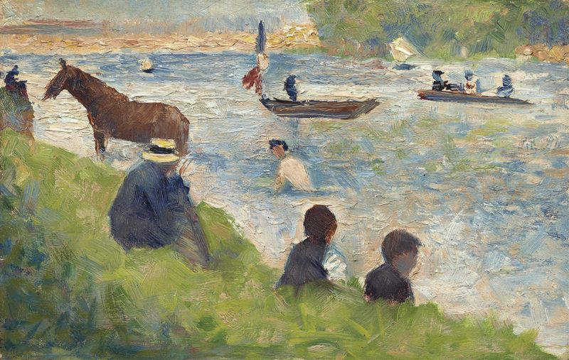 Horse and Boats, óleo sobre tela de Georges Seurat, retratando cavalos perto de um rio com barcos ao longe.