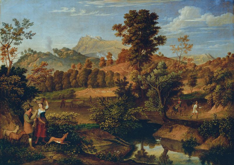 Italienische Landschaft mit pflügendem Landmann by Joseph Anton Koch, oil painting depicting a farmer in earthy fields