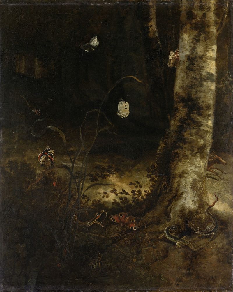 Forest floor scene with a snake, lizards, and insects, oil on panel by Otto Marseus van Schrieck.