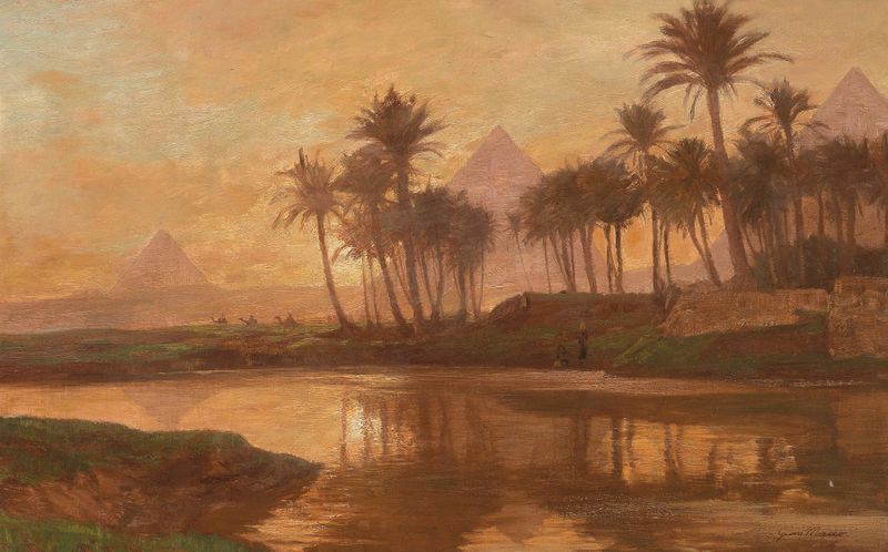 Twilight landscape with pyramids, oil on canvas by Georg Macco