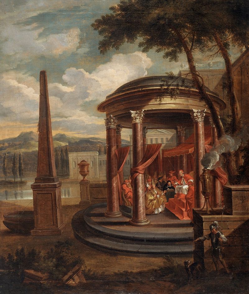 Escena religiosa que muestra una asamblea solemne con túnicas oscuras, por Ignatius de Beckers, pintura al óleo.