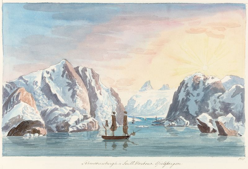 Cena marinha de docas em ruínas em Schmecrenburgh por Charles Hamilton Smith, meio desconhecido.
