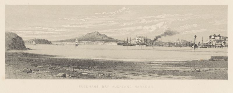 Engraving by Charles Decimus Barraud depicting Freeman’s Bay, Auckland Harbour.
