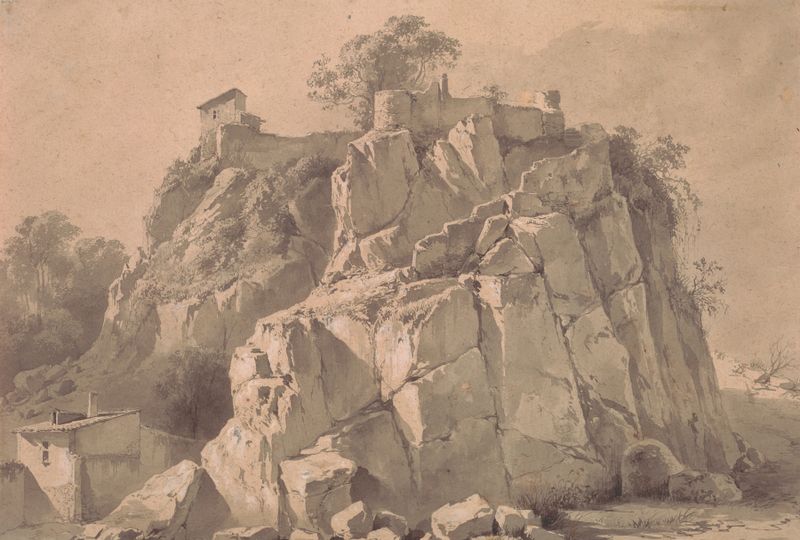 Grabado de un afloramiento rocoso al anochecer por Jean-Jacques de Boissieu
