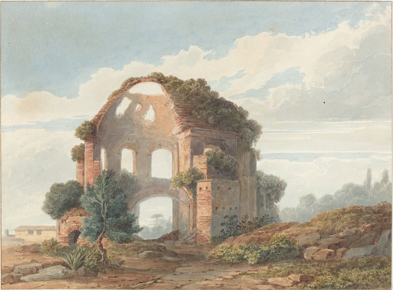 The Temple of Minerva Medica, oil on canvas by French School, featuring crumbling columns and soft light.