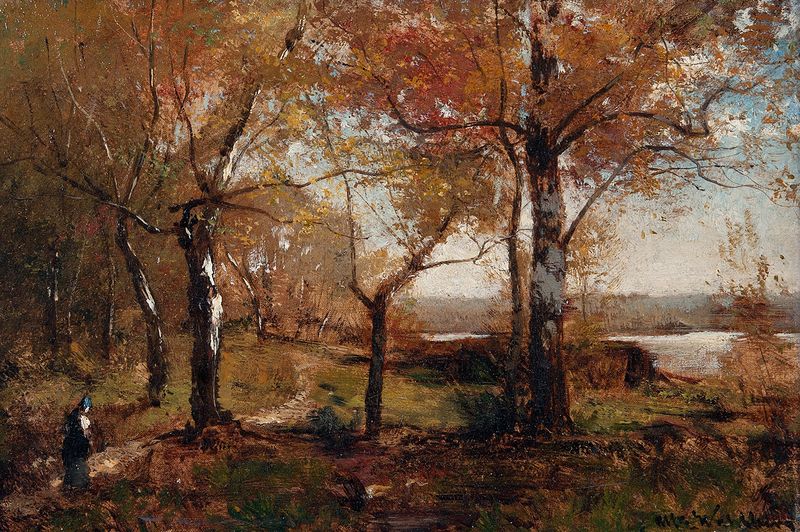 Autumn oil painting by Alfred Wahlberg featuring vibrant leaves and a serene landscape.
