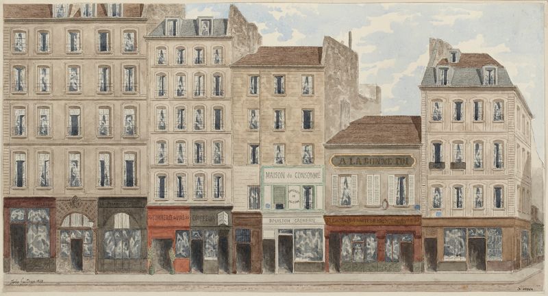 Rue Galande Nº30 à 38 by Jules Gaildrau, oil on canvas depicting a warm Parisian street scene.