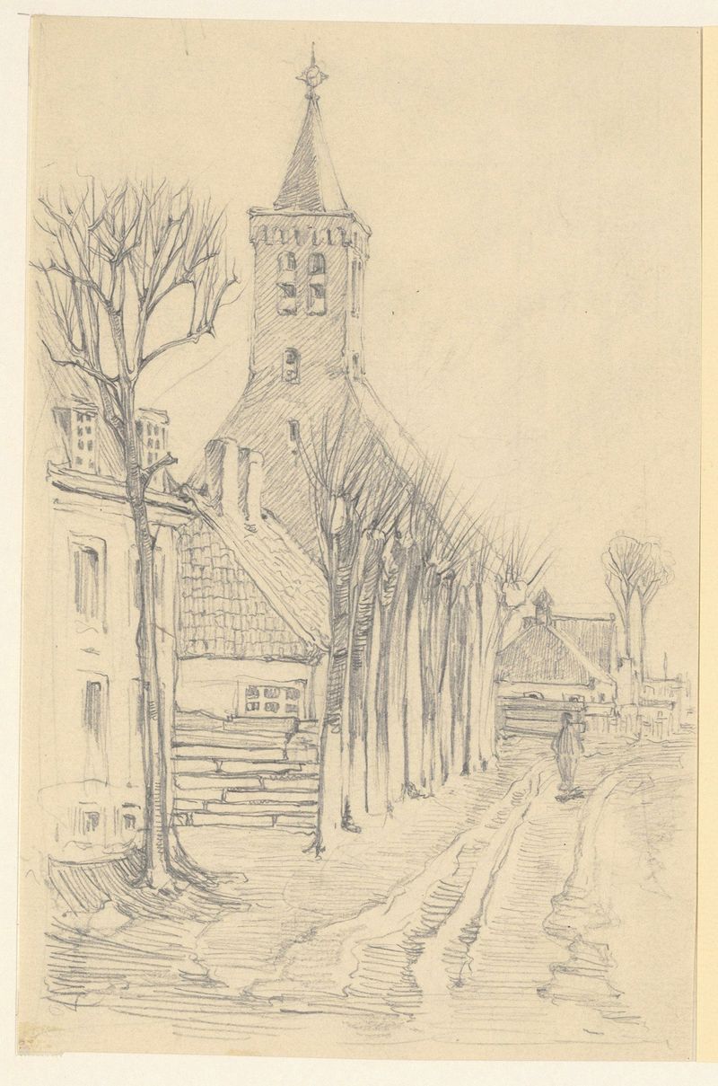 Kerk en omgeving de Jacobus Gerardus Veldheer, óleo sobre lienzo que representa una iglesia y un pueblo bajo un cielo bril...