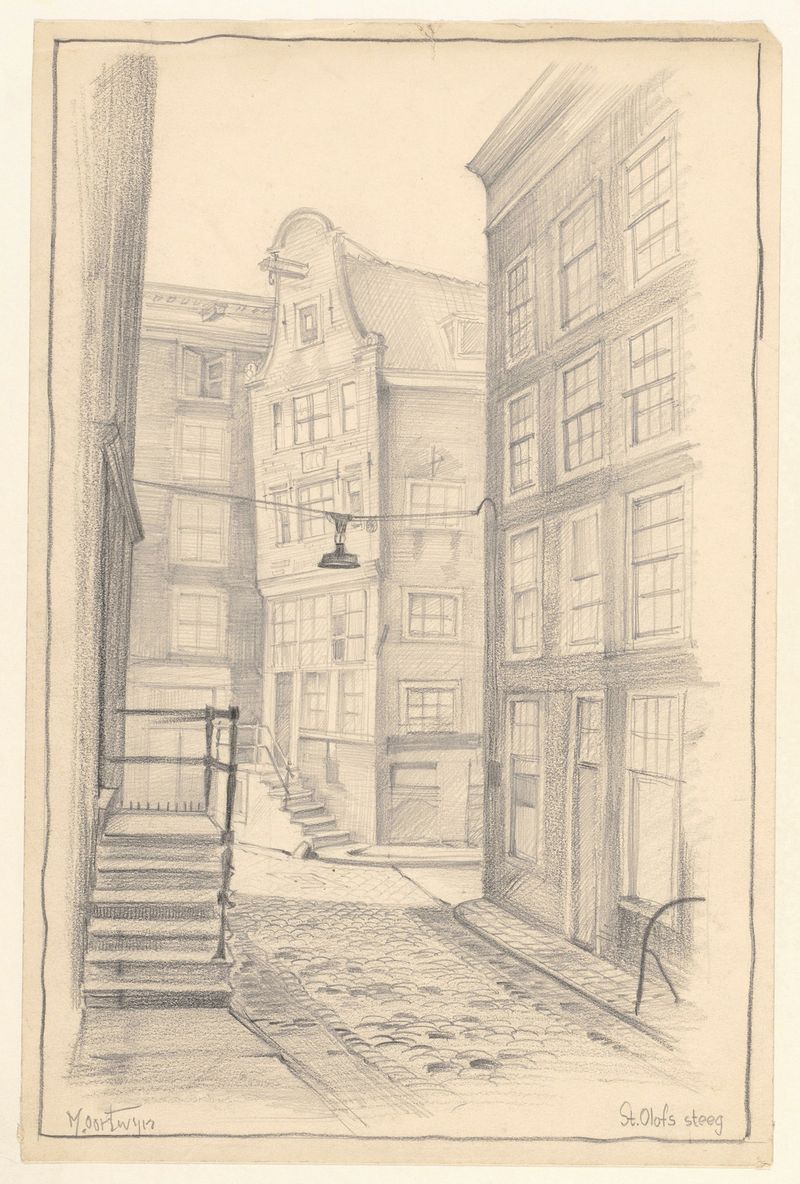 Landscape oil painting by Maarten Oortwijn featuring a cobblestone street and interplay of light.