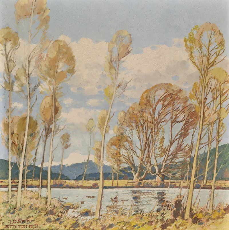 Landscape by Josef Stoitzner, oil on canvas depicting rolling hills and distant mountains.