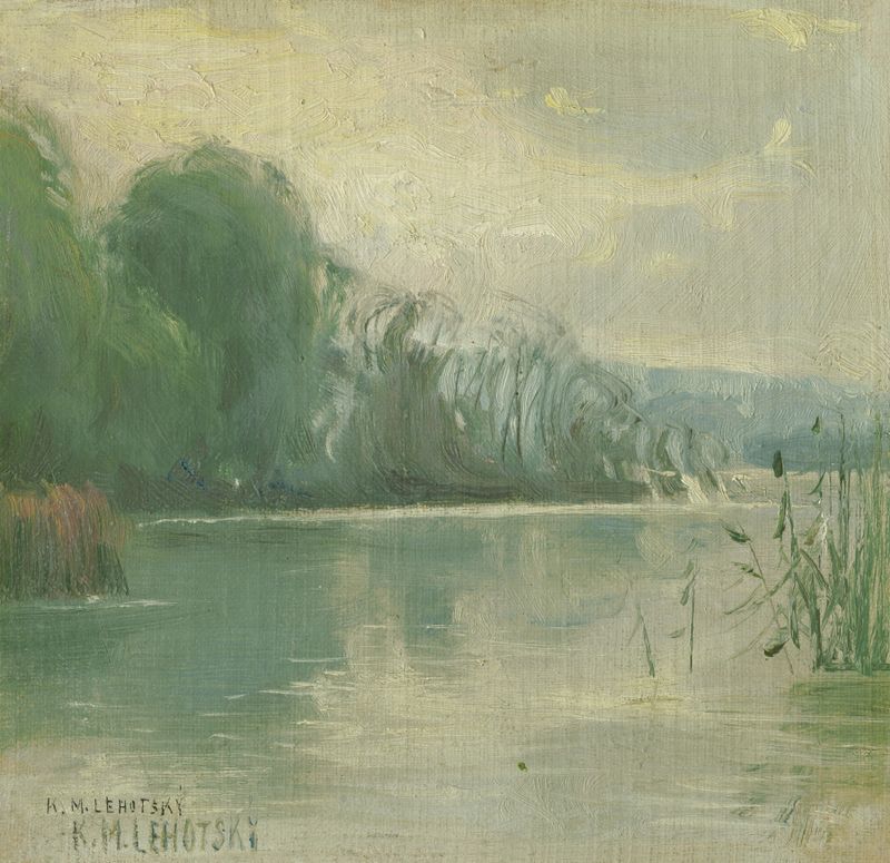 Lake Karol by Karol Miloslav Lehotský, oil on canvas depicting a tranquil lake scene.