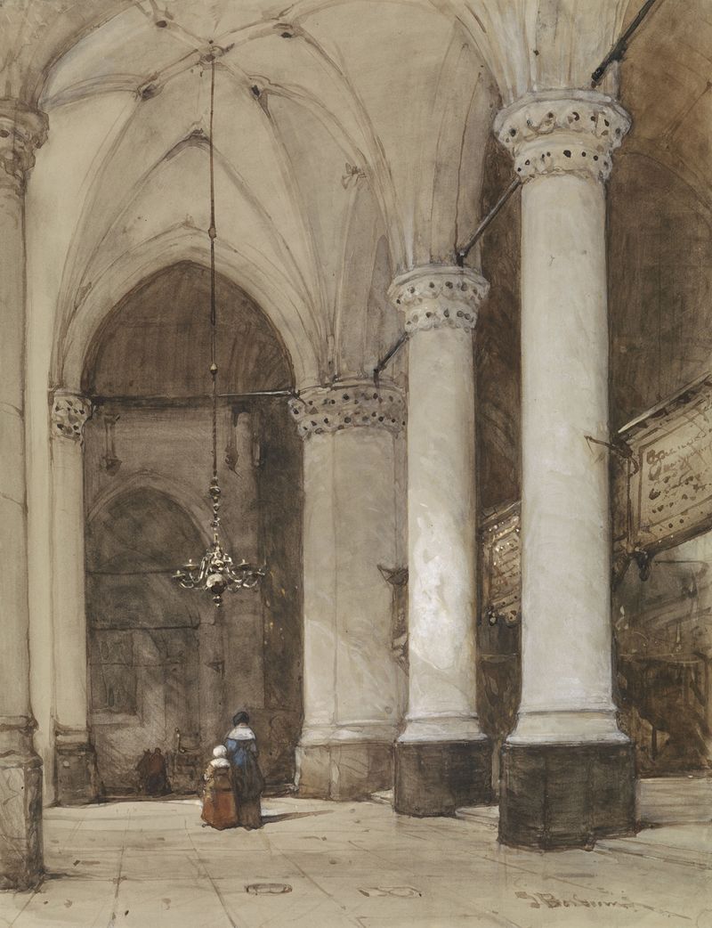 Interior of a church with intricate columns and light effects, oil painting by Johannes Bosboom