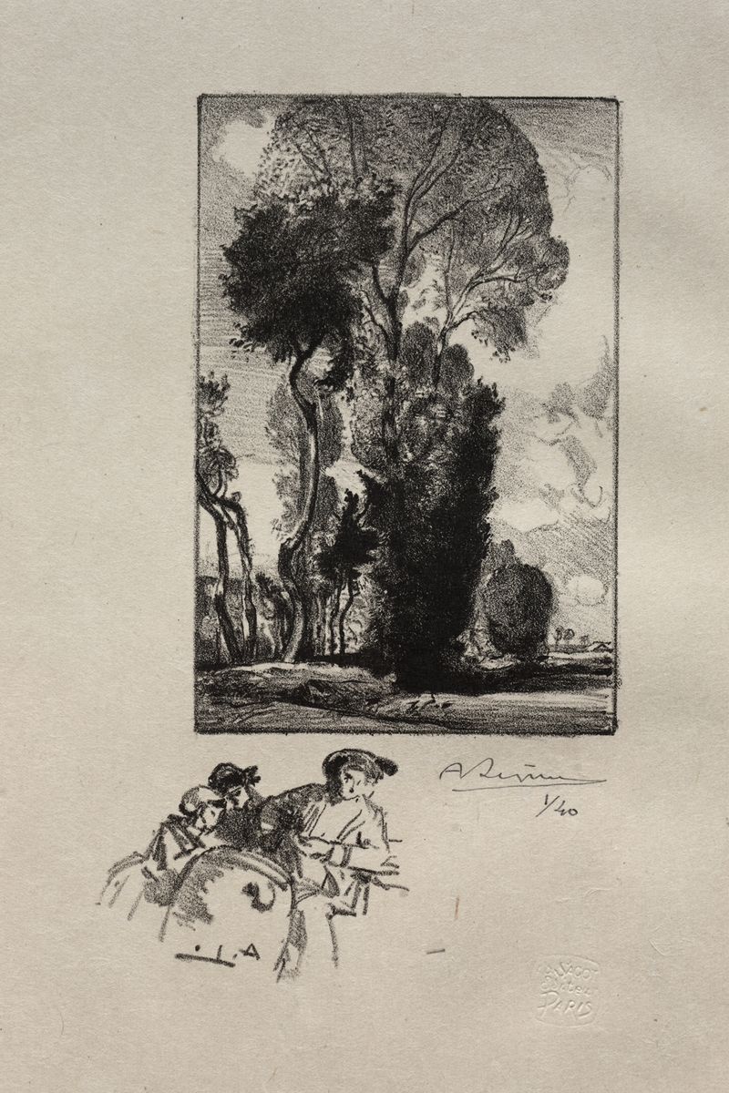 Le Bocage de Auguste Louis Lepère, gravura que representa uma cena florestal serena com luz e sombras.