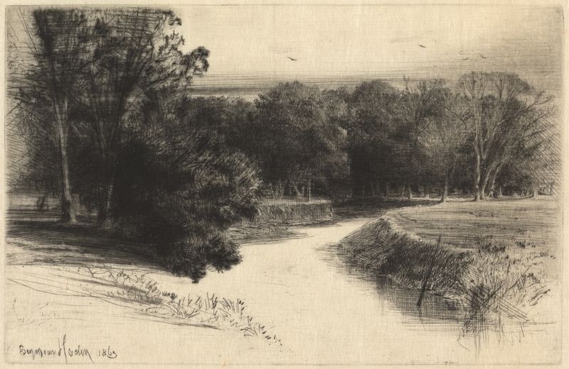 Gravura de Francis Seymour Haden mostrando colinas e flores silvestres ao pôr do sol