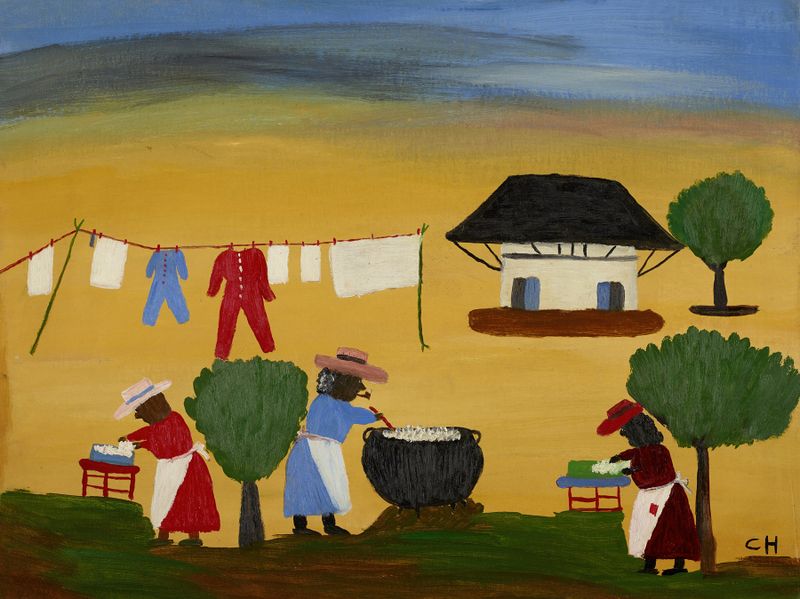 The Wash de Clementine Hunter, mulheres trabalhando em um rio, arte popular