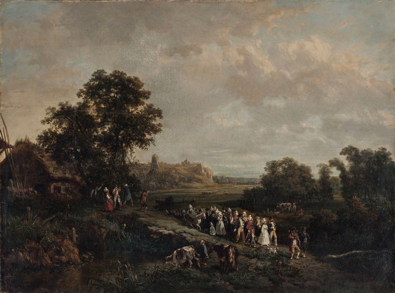 Escena de género de una procesión de boda, óleo sobre lienzo de Eugène Louis Vasselin