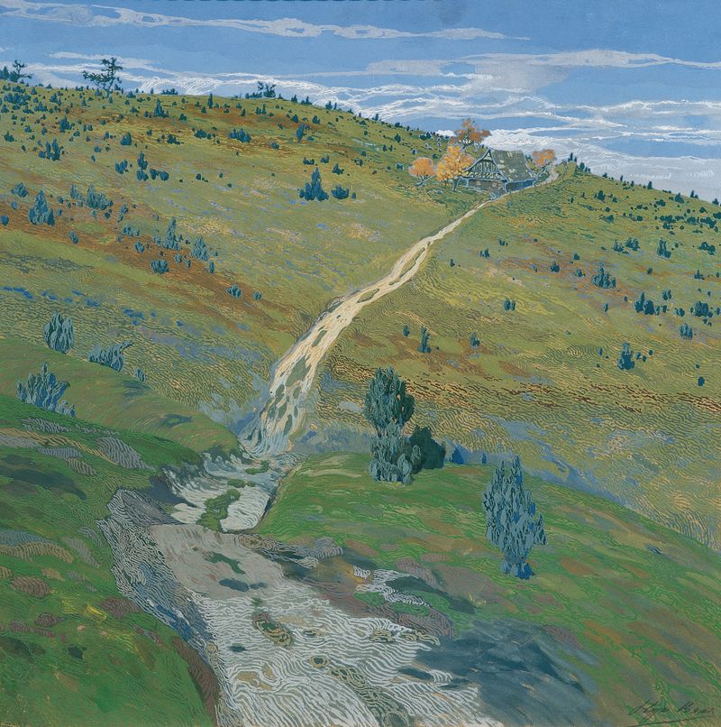 Pintura al óleo de paisaje de Hugo Baar con un sendero montañoso serpenteante.