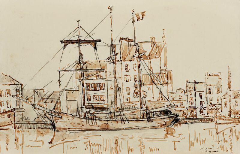 Trois-mâts au port de Paul Signac, pintura a óleo que retrata barcos e mastros em um porto.