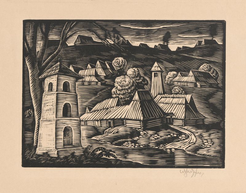 Paisagem com uma capela, óleo sobre tela de Władysław Skoczylas