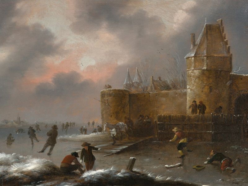 Winter landscape with skaters by Nicolaes Molenaer, oil painting depicting figures gliding on ice.