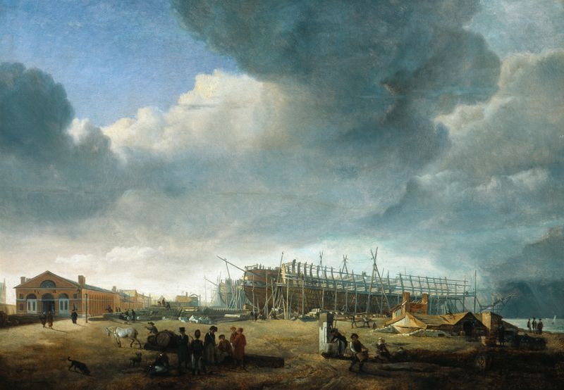 Marine scene with ships at the Imperial shipyards in Antwerp, oil painting by Petrus Johannes van Regemorter