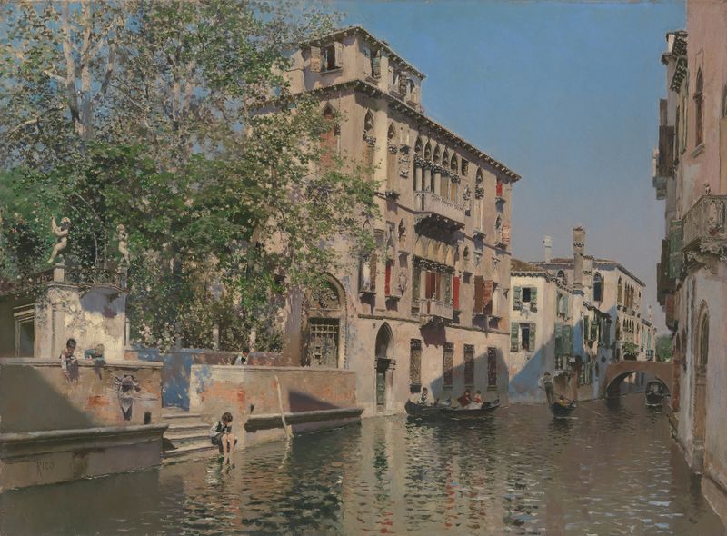 A Canal in Venice by Martin Rico y Ortega, oil on canvas, depicting a serene canal with shimmering water.