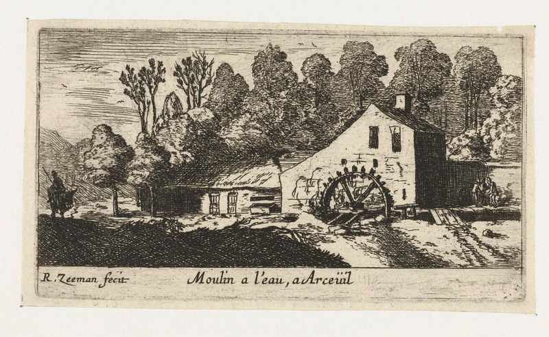 Watermolen bij Arceuil gravura de Reinier Nooms mostrando um moinho rústico ao lado de um rio
