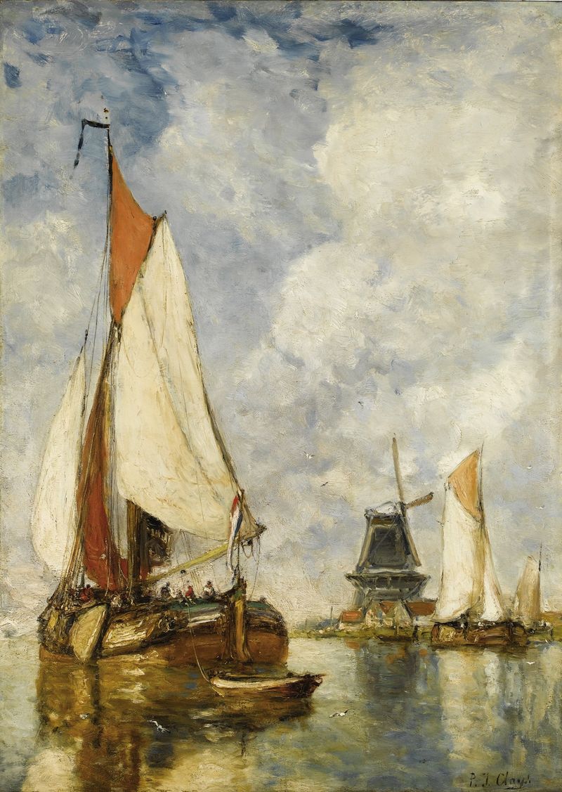 Moored Ships at Harbour by Paul Jean Clays, realism, depicting boats in calm water under soft sunlight