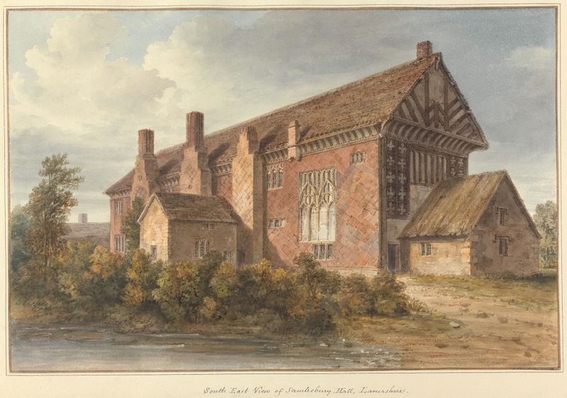 Vista sureste de Samlesbury Hall, acuarela sobre papel de John Buckler