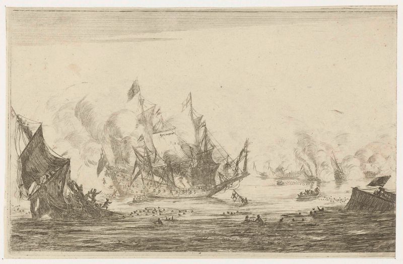 Zeeslag met een zinkend schip, gravura de Reinier Nooms, retratando um navio afundando em um mar tempestuoso.