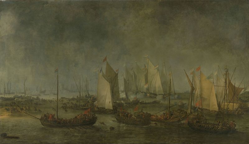 The Battle on the Slaak by Simon de Vlieger, oil painting depicting ships and cannon fire.