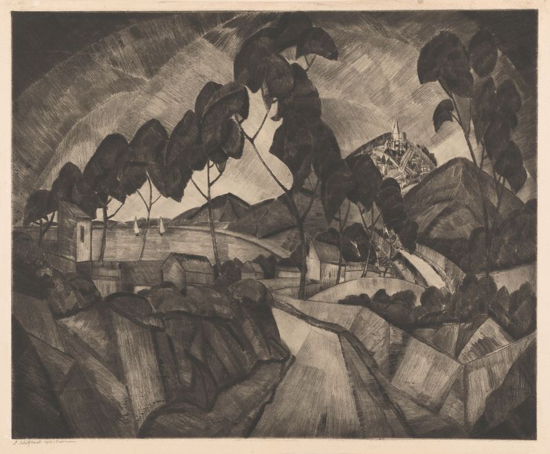 Heuvellandschap in de Provence de Lodewijk Schelfhout, óleo sobre lienzo que representa colinas vibrantes y un cielo turbu...