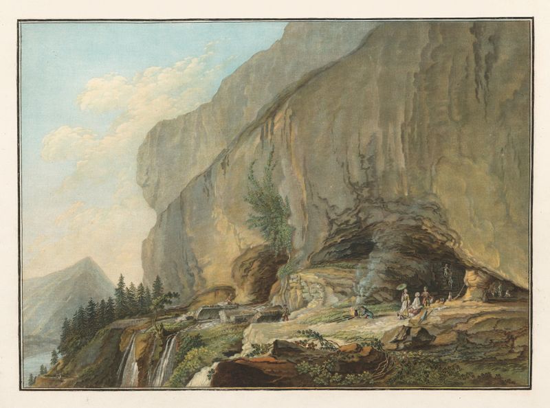 Pintura al óleo de Caspar Wolf que muestra montañas y un lago bajo un cielo azul