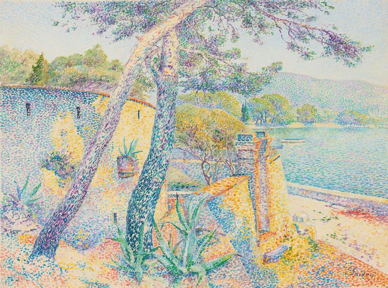 Paisagem de Louis Gaidan, pintura a óleo com penhascos e mar em cores vibrantes.