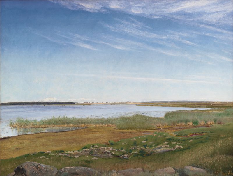 The Fjord near Karrebæksminde, Zealand by Laurits Andersen Ring, oil painting of tranquil waters and clouds.