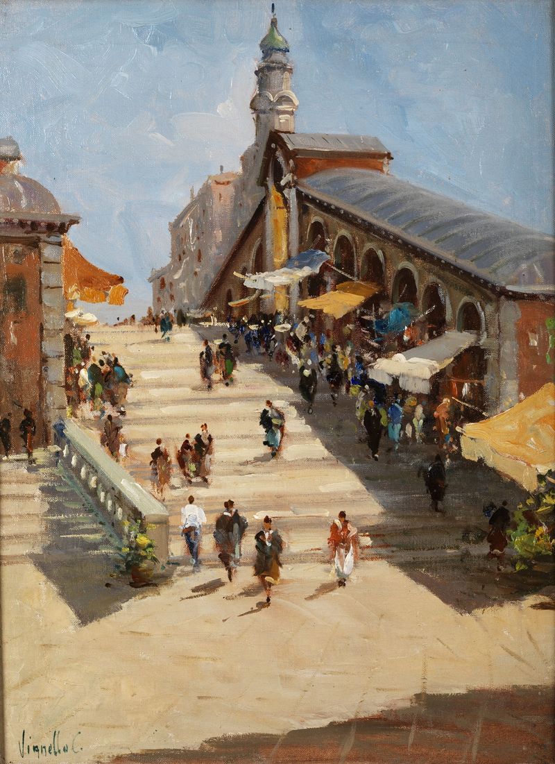 Ponte di Rialto de Cesare Vianello, pintura al óleo que representa un puente sobre un canal.